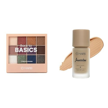 MARS 12 Shades Back to Basics Eyeshadow Palette with Free Applicator (14.4 gm) (Shade-01) High Coverage Liquid Foundation | Blemish Free & Blendable Foundation for Makeup (40ml) (SHADE-07)